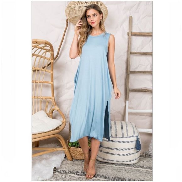Elena Side Slit Overlay Blue Dress Small - Picture 4 of 11